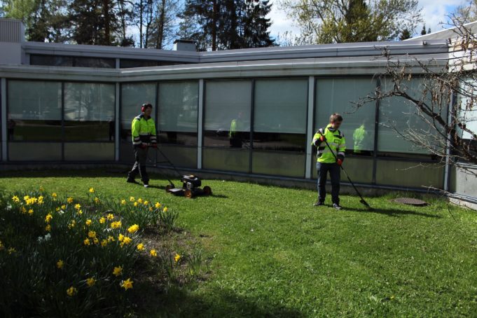 Työpaja Viitakumpun nuoria leikkaamassa ruohoa ja haravoimassa.