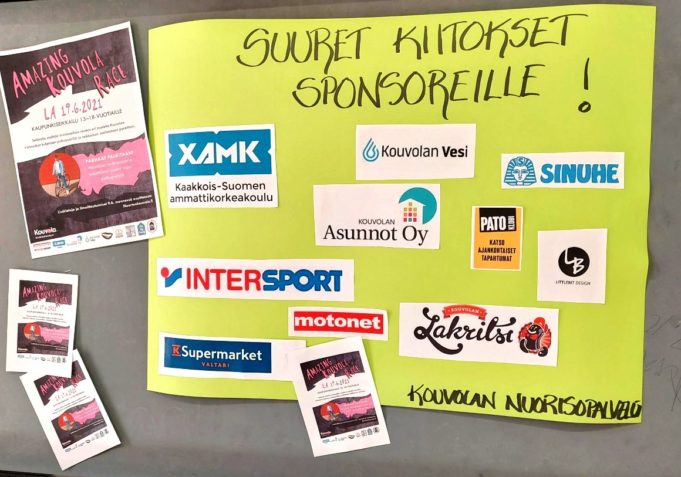Kiitoskyltti Amazing Kouvola Race kisan sponsoreille