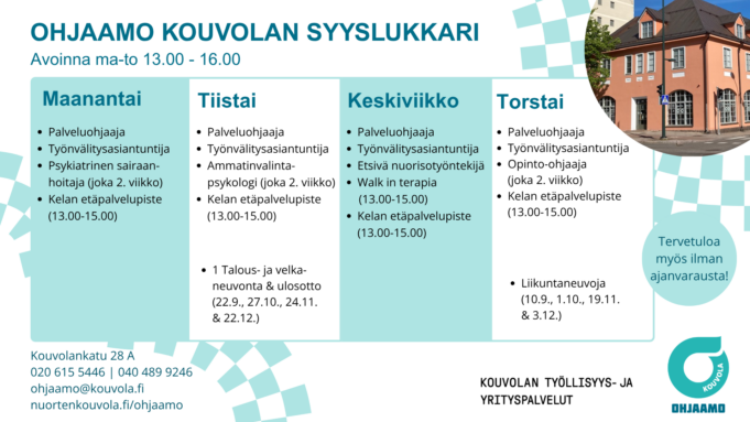 Ohjaamo Kouvolan lukujärjestys kuvamuodossa.